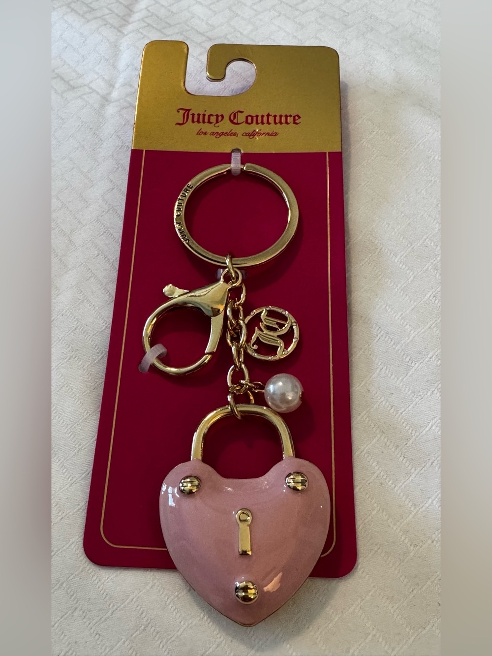 Juicy Couture Pink Heart Padlock Keyring with Gold Hardware and Pearl Charm